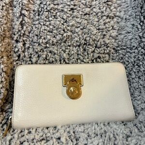 Michael Kors Cream Pebbled Leather Zip Wallet with Gold MK Medallion